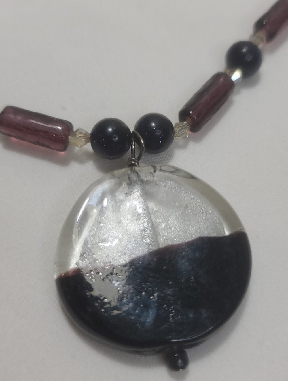 Handcrafted Artisan Purple Dark Sparkling Blue Beaded Glass Pendant Necklace